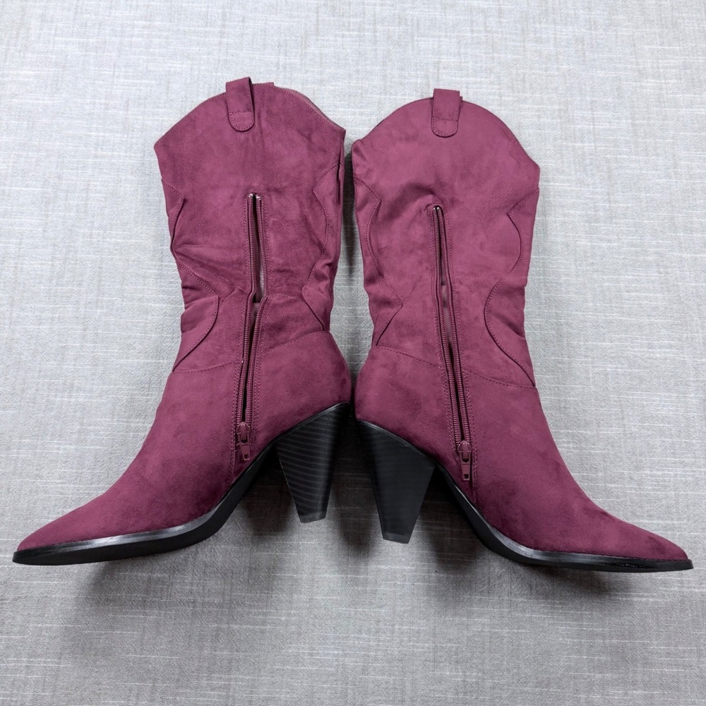 Burgundy Faux Suede Western Mid Calf Boots Pointed Toe Cone Heel Womens 9.5 - Picture 6 of 8